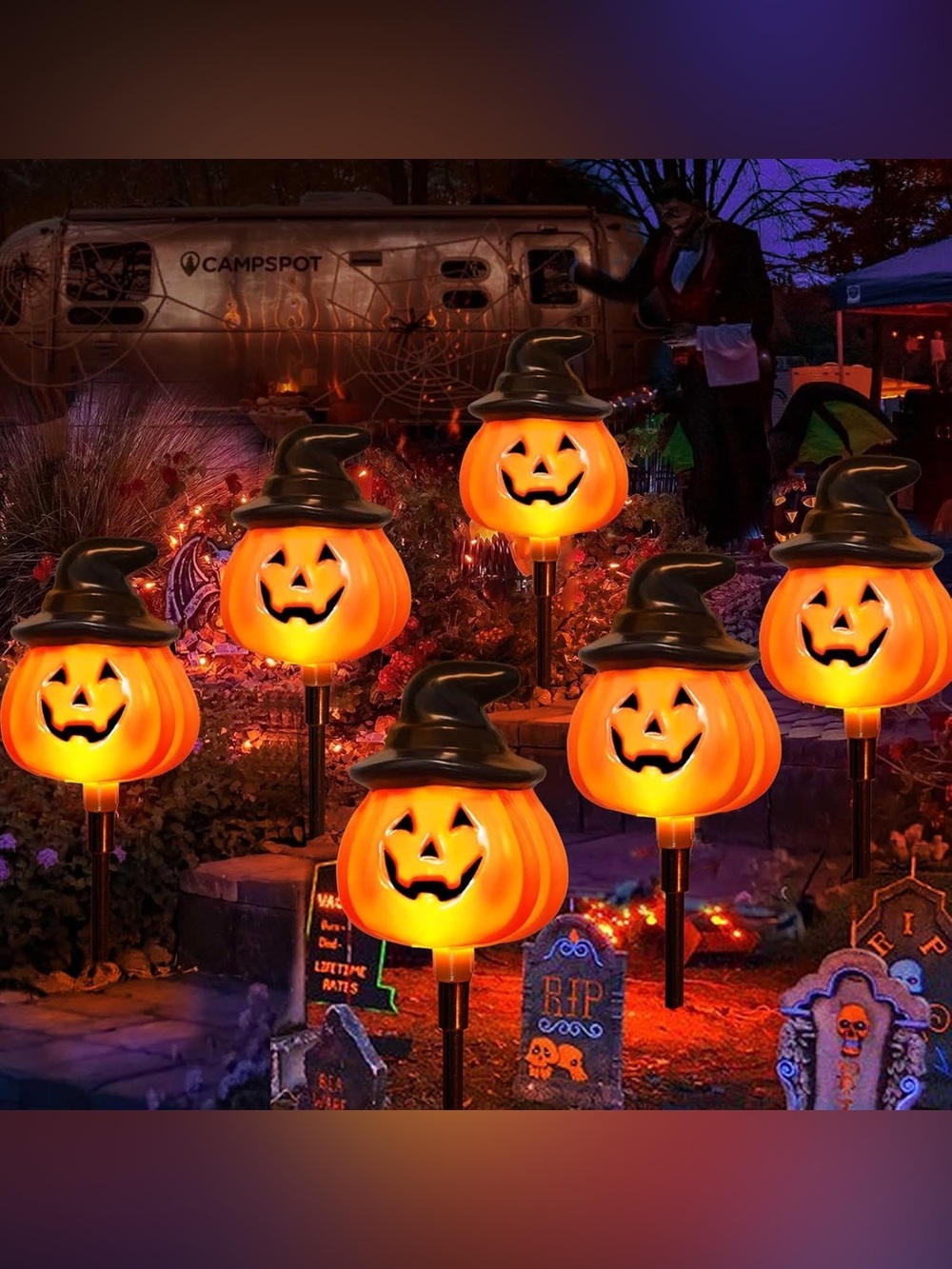 Orange Pumpkin Jack-O'-Lantern Solar Stakes - 6 Pack